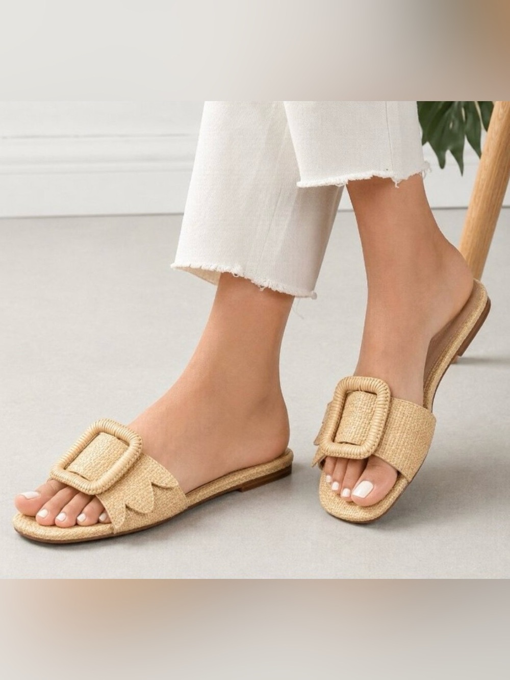 Birdies Natural Straw Buckle Slide Sandals in Beige